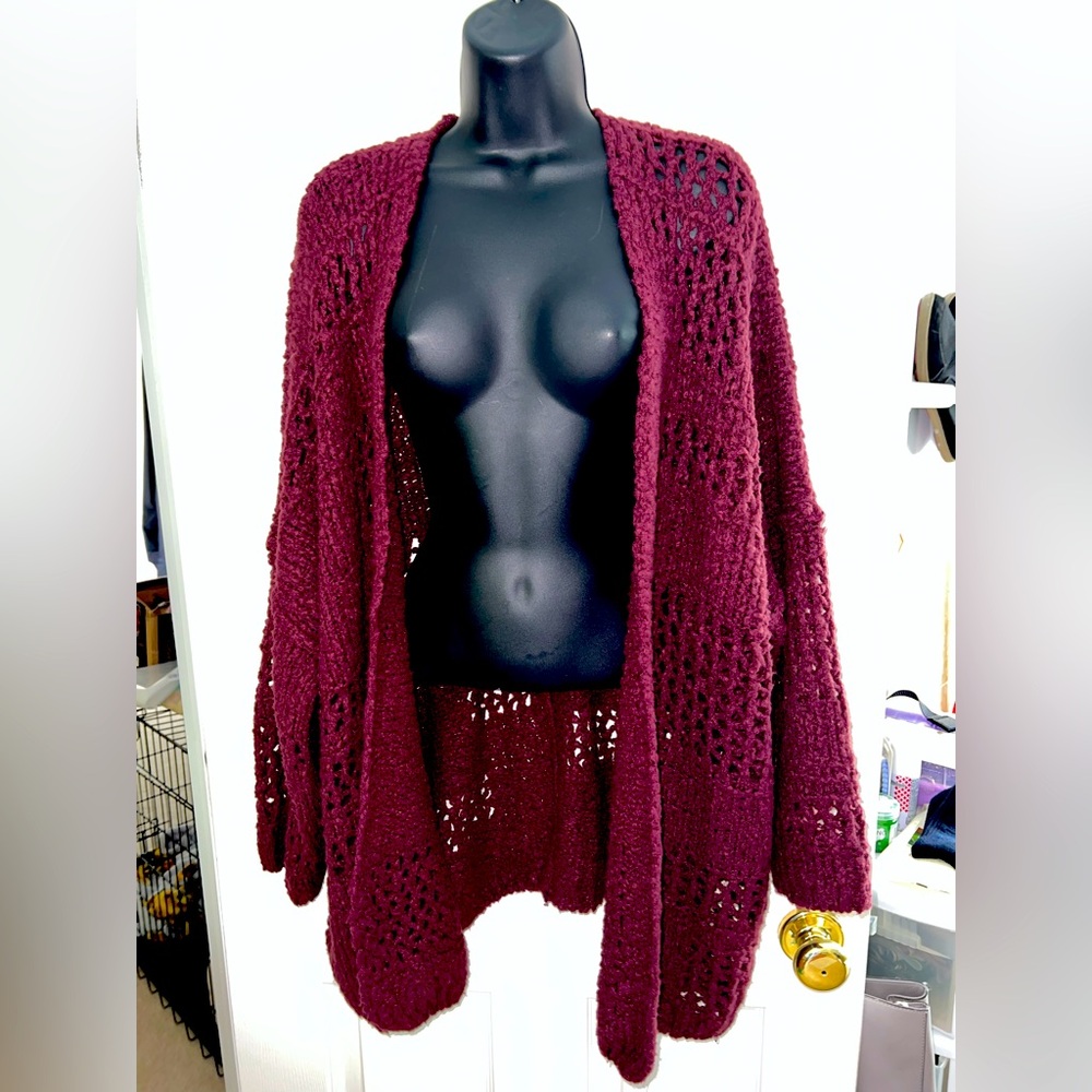 Free People Saturday Morning Knit Oversized Maroon Open Cardigan Sz XS/S